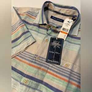 Tommy Bahama Mens S Short Sleeve Sand Linen Horizon View Striped Shirt NEW TH9